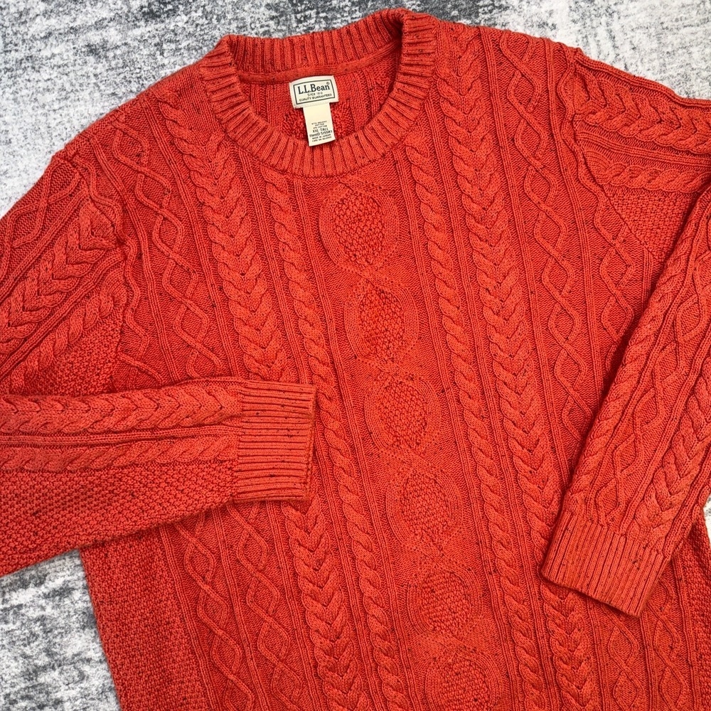 LL Bean Sweater Mens 2XLT Burnt Orange Heritage Soft Cotton Cable Knit Fisherman